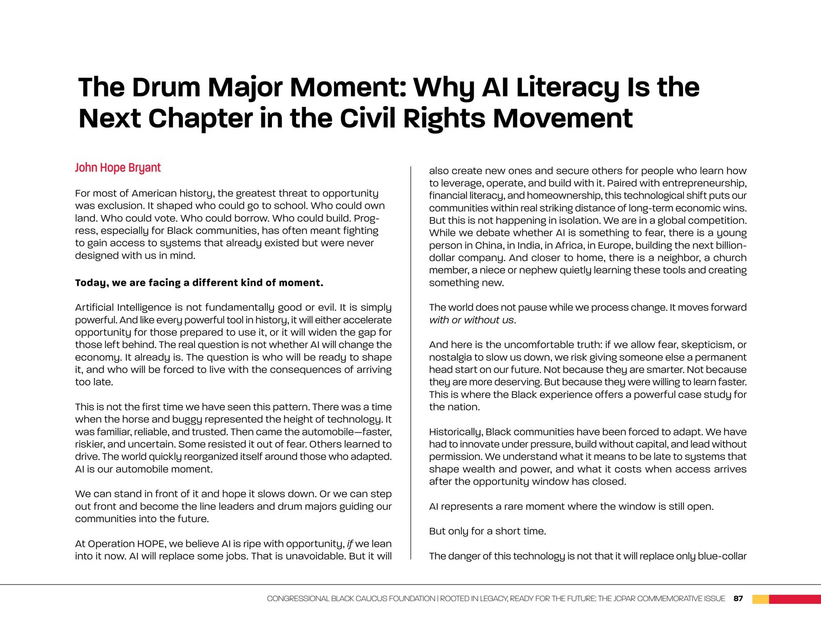 The opening page of John Hope Bryant's essay The Drum Major Moment in the JCPAR commemorative issue