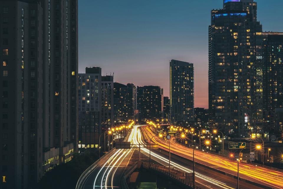 A city skyline at dusk