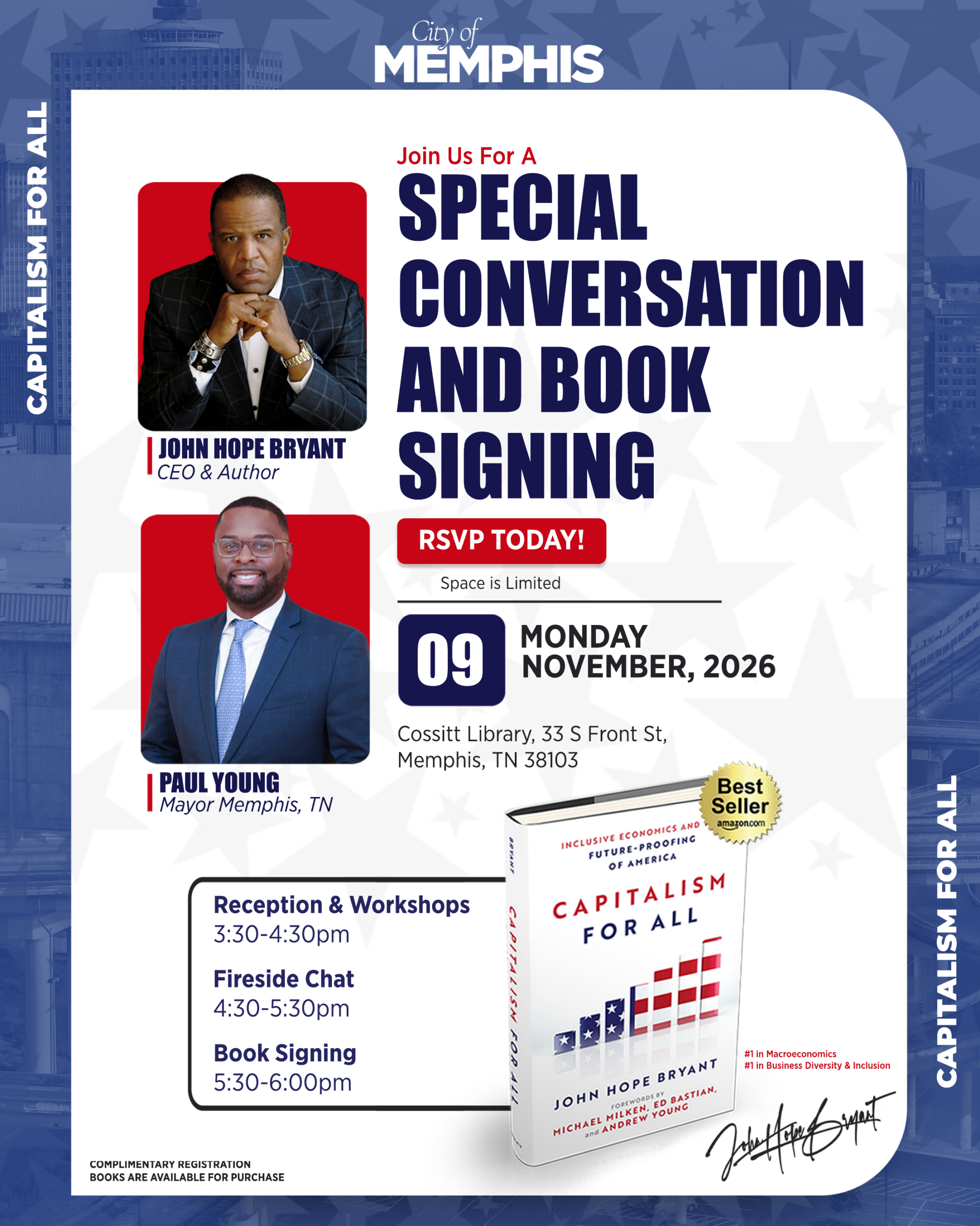 Flyer: Special Conversation and Book Signing with John Hope Bryant and Mayor Paul Young, Cossitt Library, Memphis, Monday November 9, 2026