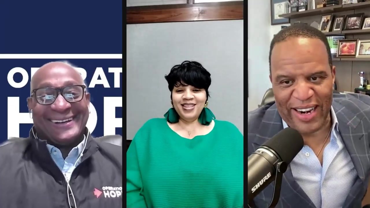 John Hope Bryant with Operation HOPE client Leanne Brown and financial coach Lester Watt on Money and Wealth